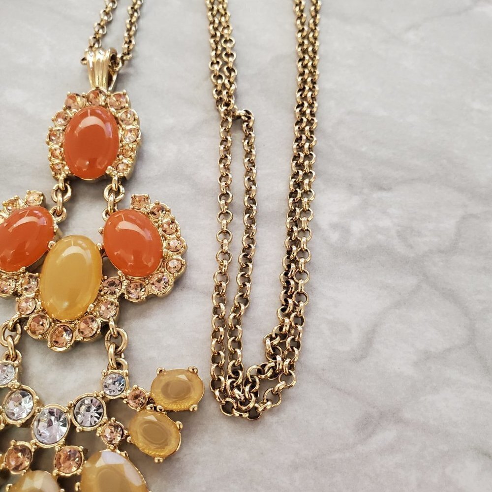 🧡 J Crew Pendant Orange Fan Gold Crystal Rhinstone Necklace 🧡 - Picture 5 of 10